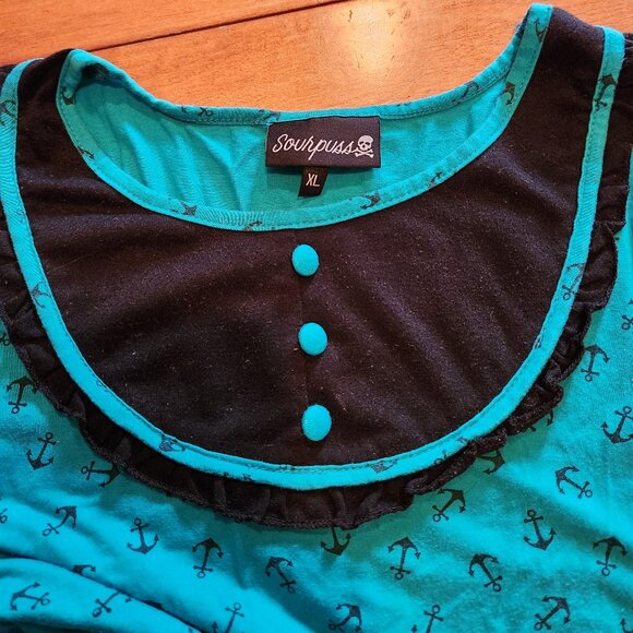 Turquoise and black Sourpuss anchor print Patsy top - Picture 3 of 6